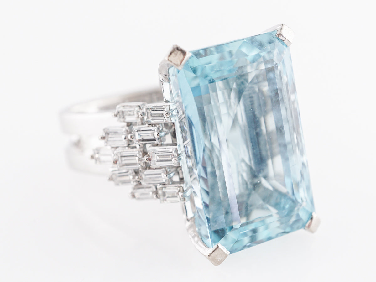 Emerald Cut Aquamarine Ring w/ Baguette Diamonds in 18k