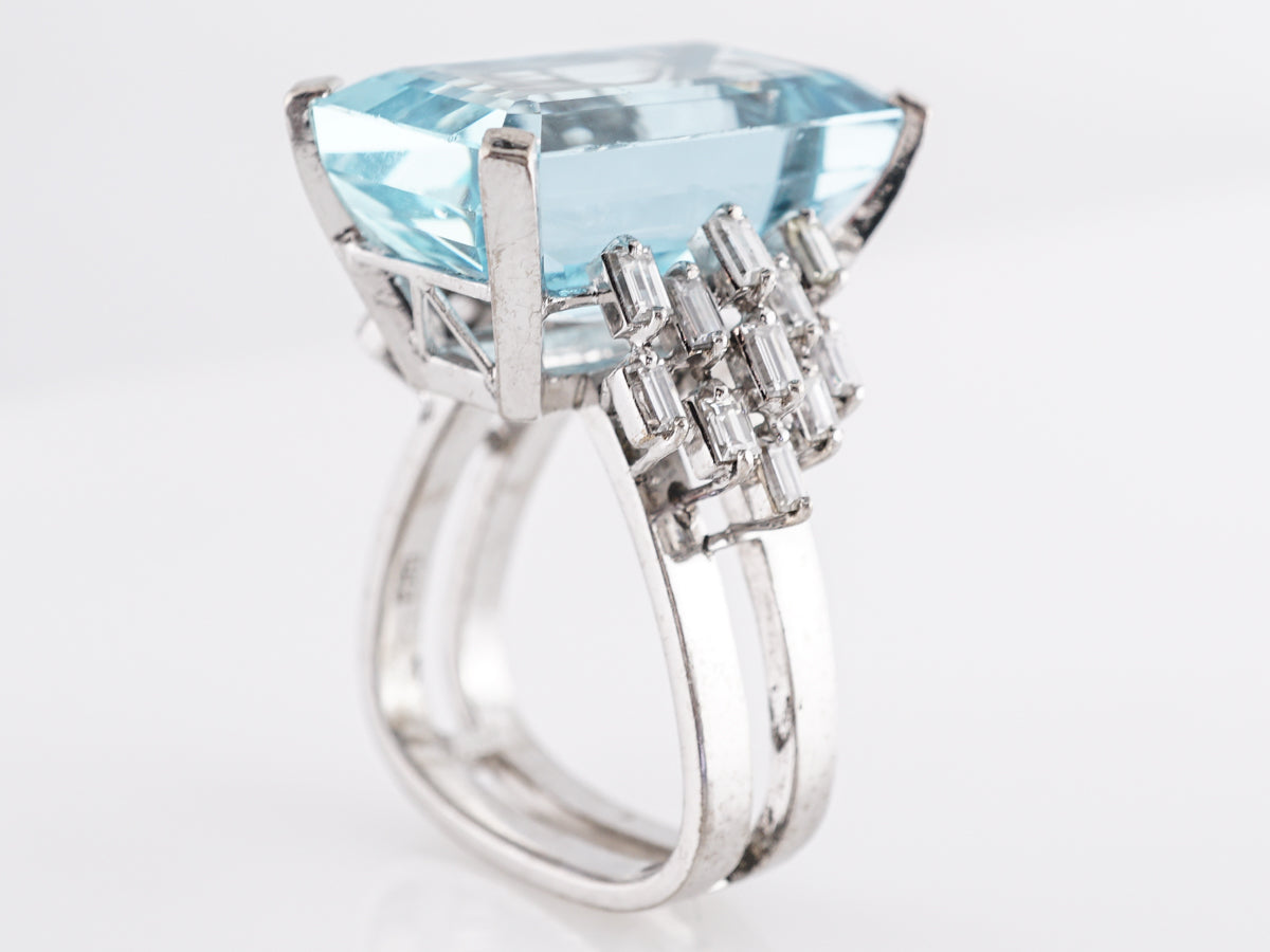 Emerald Cut Aquamarine Ring w/ Baguette Diamonds in 18k