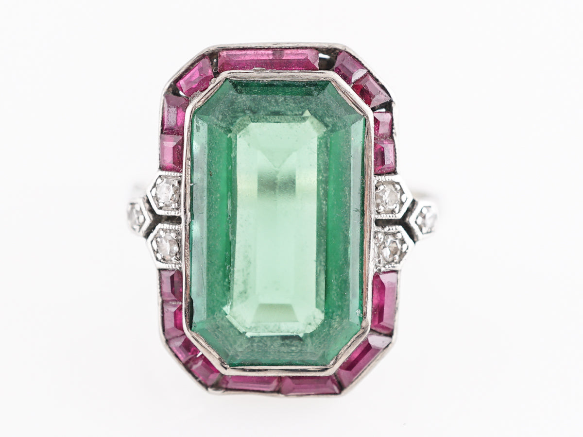 Art Deco Tourmaline Cocktail Ring with Ruby and Diamonds