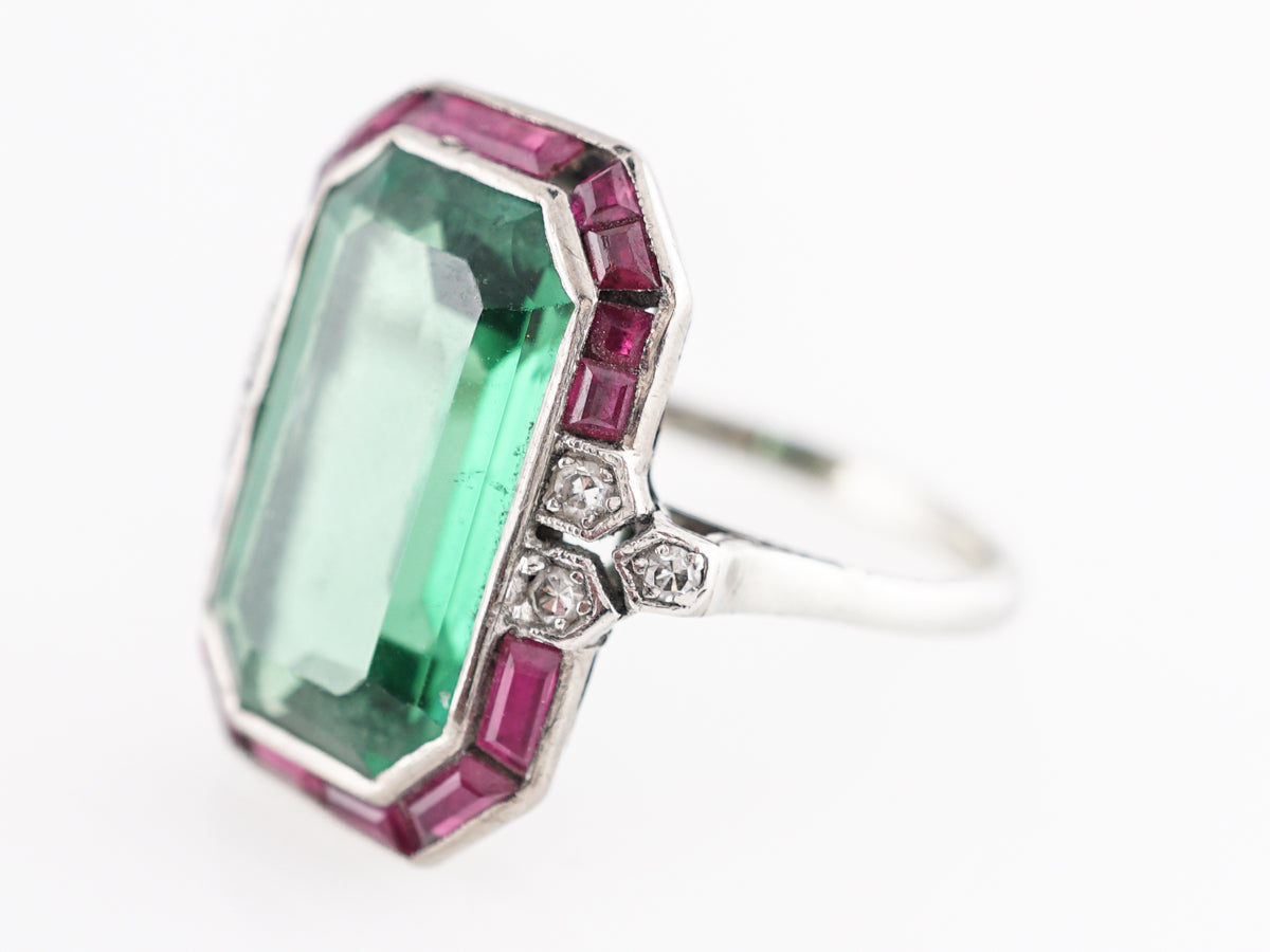 Art Deco Tourmaline Cocktail Ring with Ruby and Diamonds