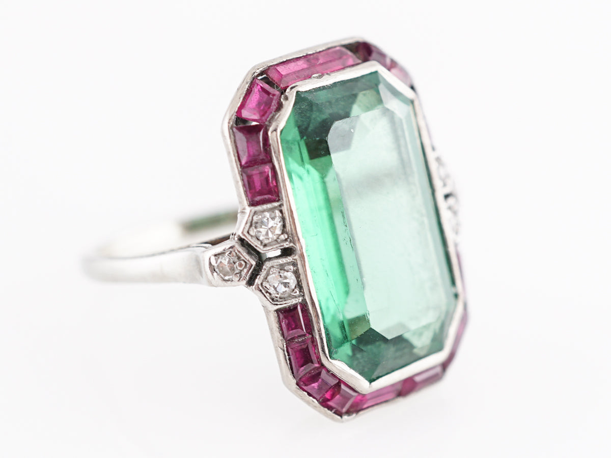 Art Deco Tourmaline Cocktail Ring with Ruby and Diamonds