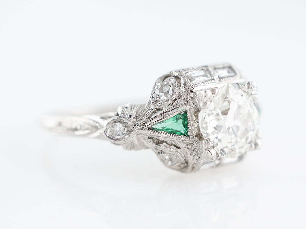 Art Deco Diamond & Emerald Engagement Ring in Platinum