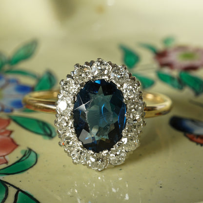 Victorian Oval Cut Sapphire & Diamond Ring in 14k Gold & Platinum