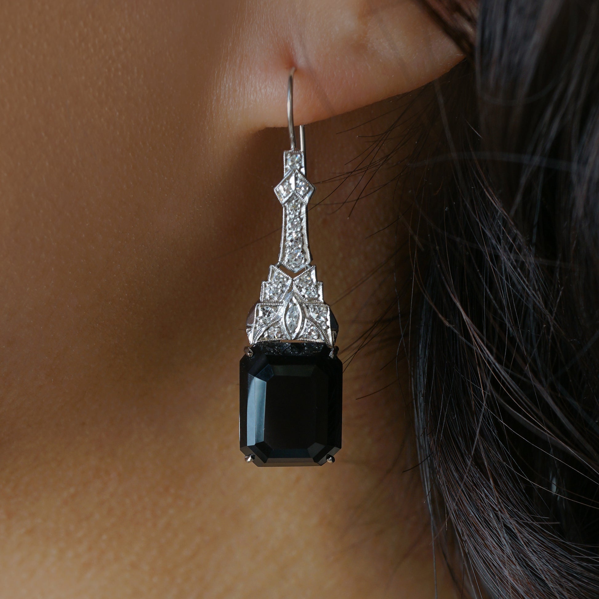 .62 Art Deco Diamond & Onyx Drop Earrings in PlatinumComposition: PlatinumTotal Diamond Weight: .62 ctTotal Gram Weight: 8.3 g