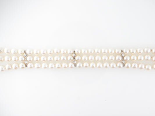 Antique Three Strand Pearl & Diamond Bracelet in 14k