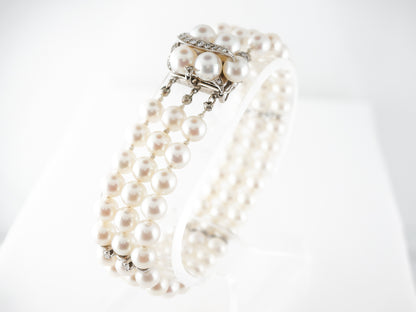 Antique Three Strand Pearl & Diamond Bracelet in 14k