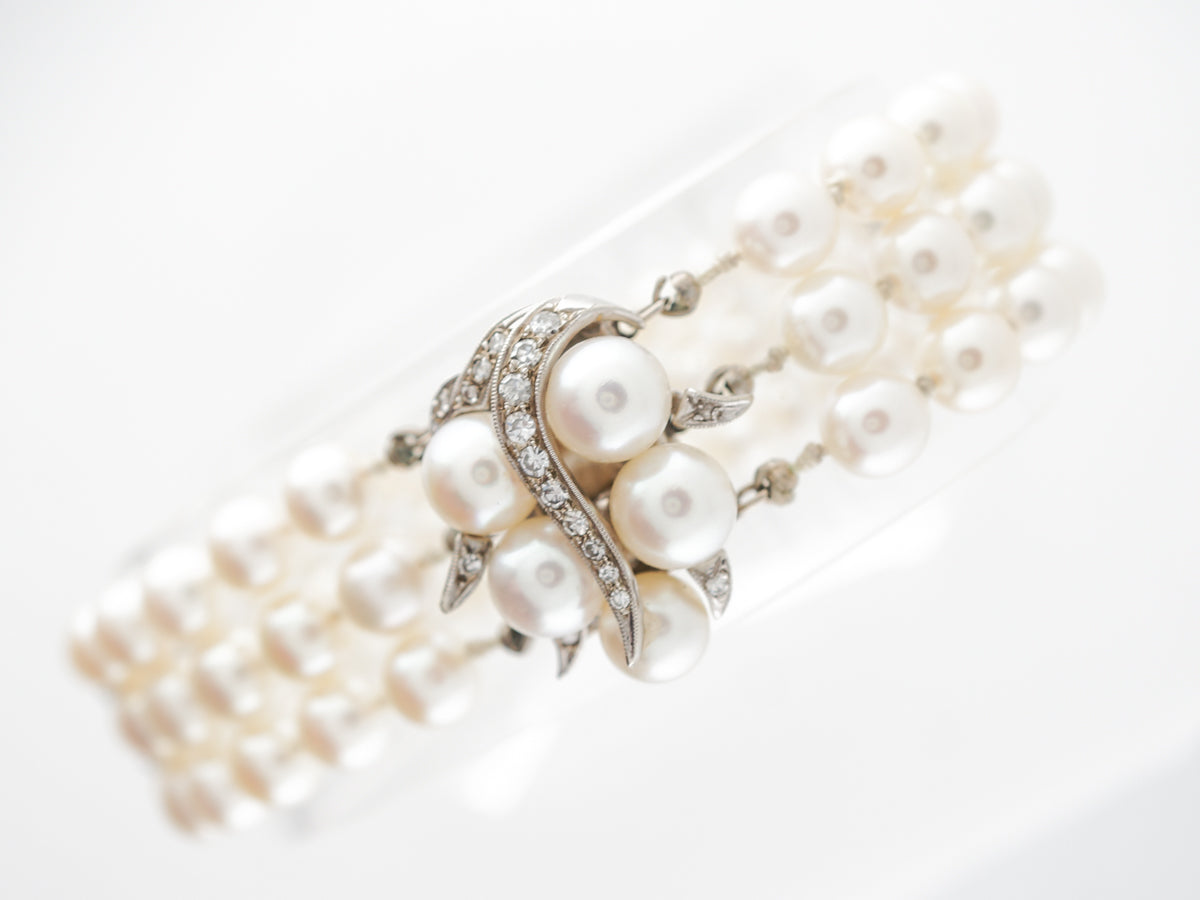 Antique Three Strand Pearl & Diamond Bracelet in 14k