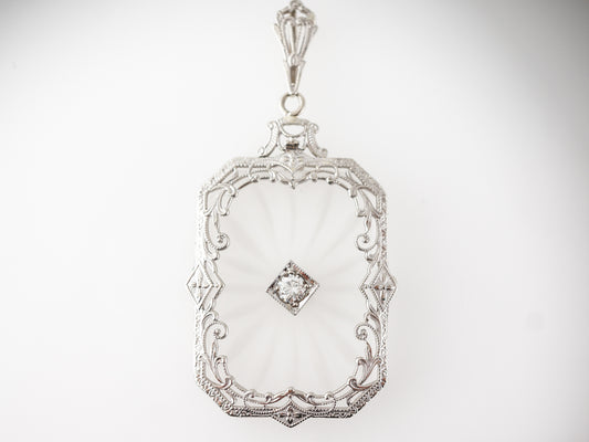 Vintage Art Deco Camphor Glass Pendant in 14k White Gold