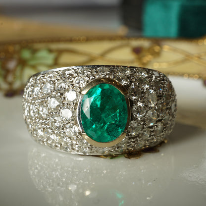 Emerald & Pave Diamond Cocktail Ring in 18k White Gold