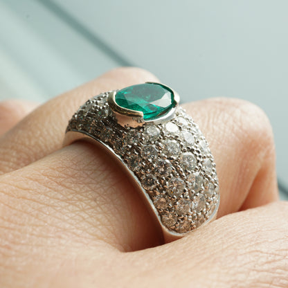 Emerald & Pave Diamond Cocktail Ring in 18k White Gold