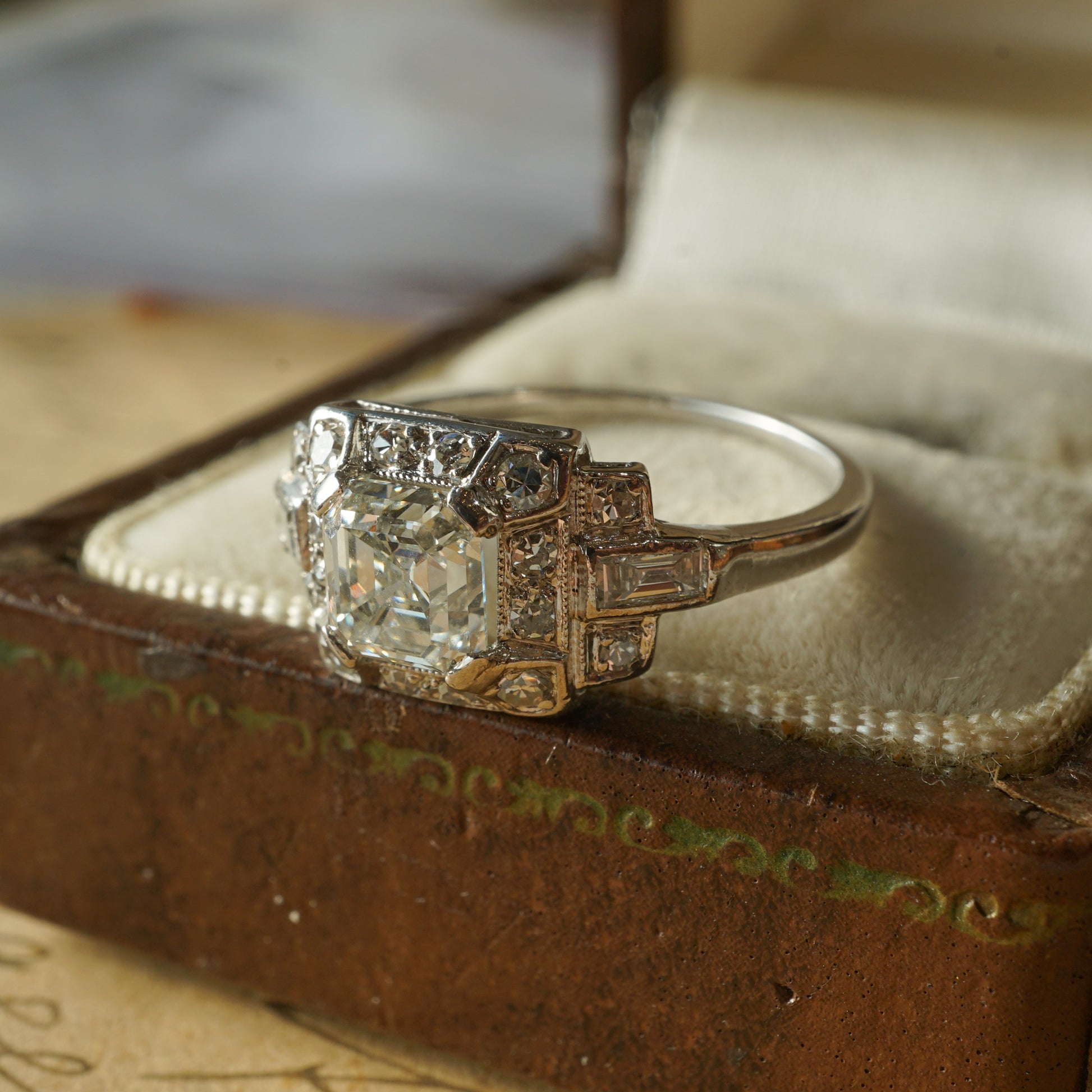 Art Deco Asscher Cut Diamond Engagement Ring in Platinum
