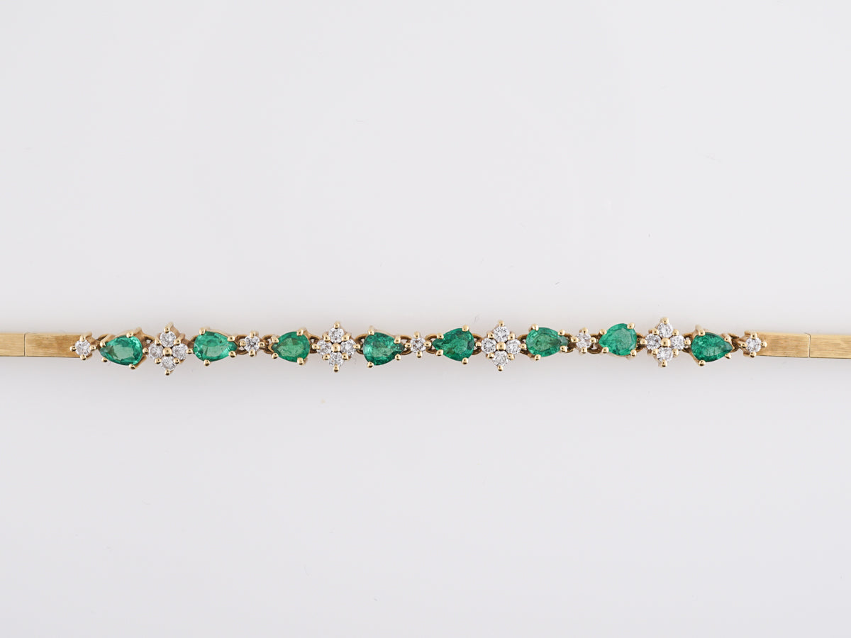 Mid-Century Pear Cut Emerald & Diamond Bracelet in 18K Yellow Gold