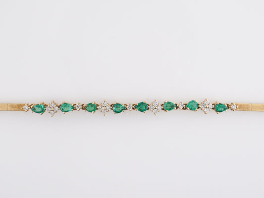 Mid-Century Pear Cut Emerald & Diamond Bracelet in 18K Yellow Gold