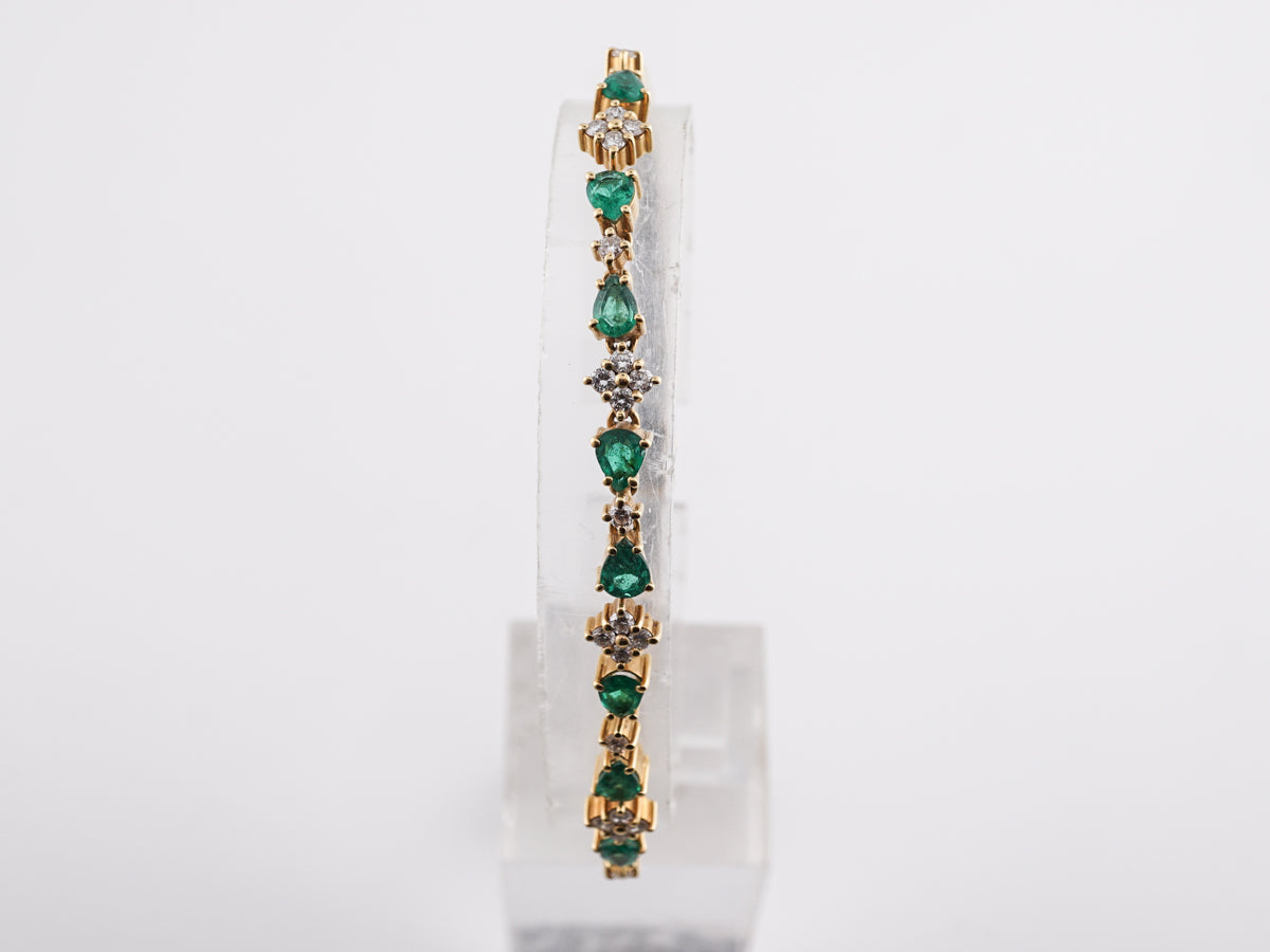 Mid-Century Pear Cut Emerald & Diamond Bracelet in 18K Yellow Gold