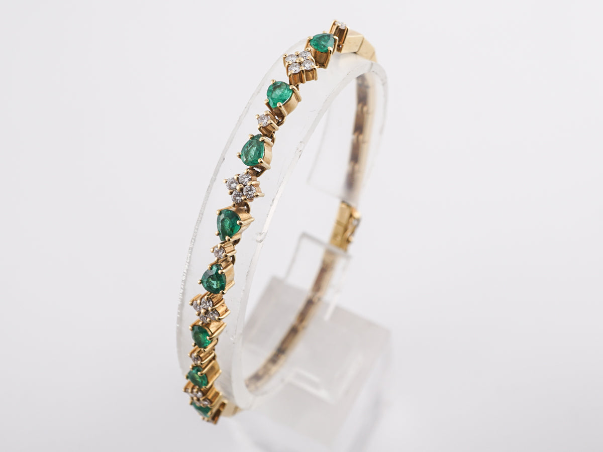 Mid-Century Pear Cut Emerald & Diamond Bracelet in 18K Yellow Gold