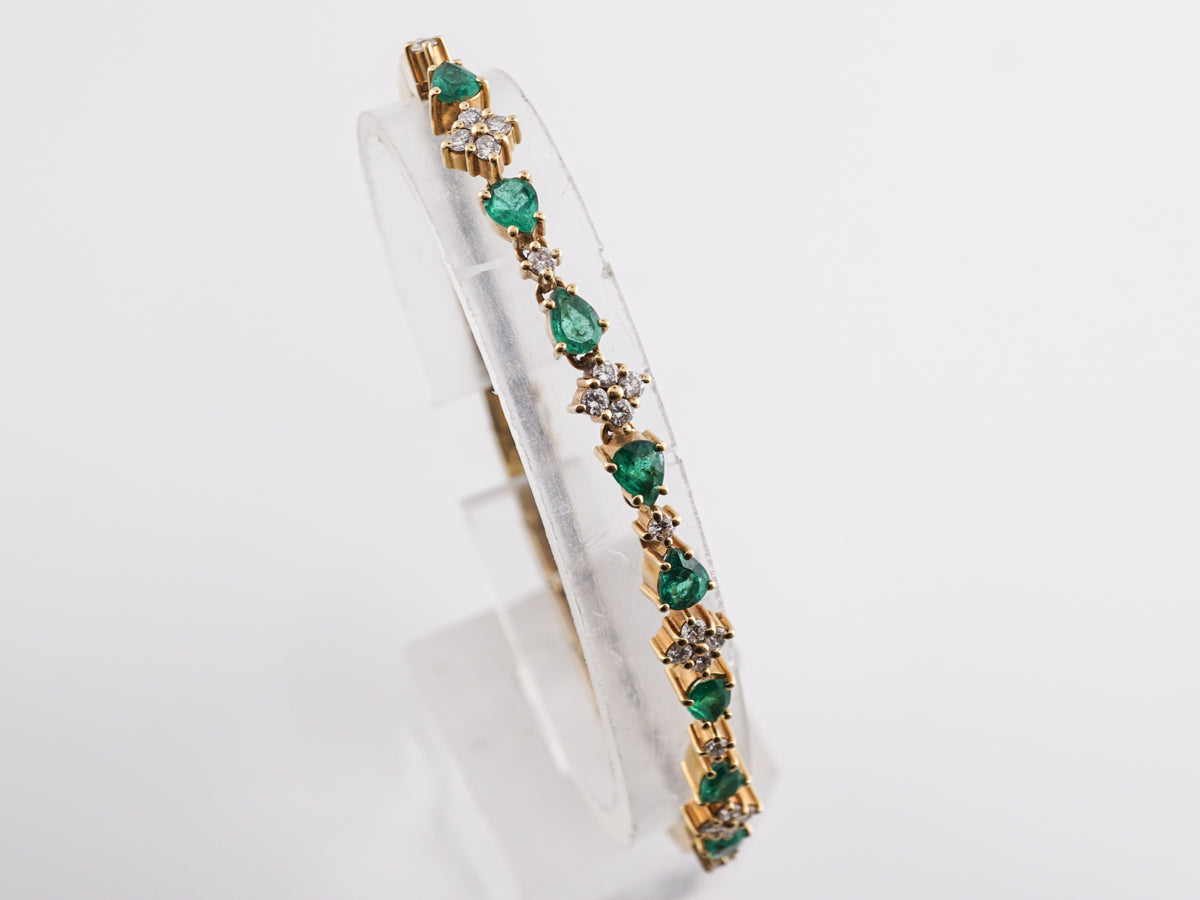 Mid-Century Pear Cut Emerald & Diamond Bracelet in 18K Yellow Gold