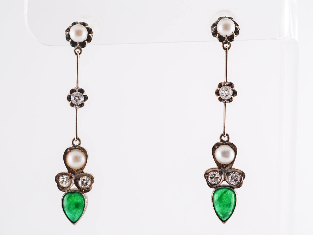 Antique Emerald and Pearl Earrings w/ Diamonds in Yellow Gold