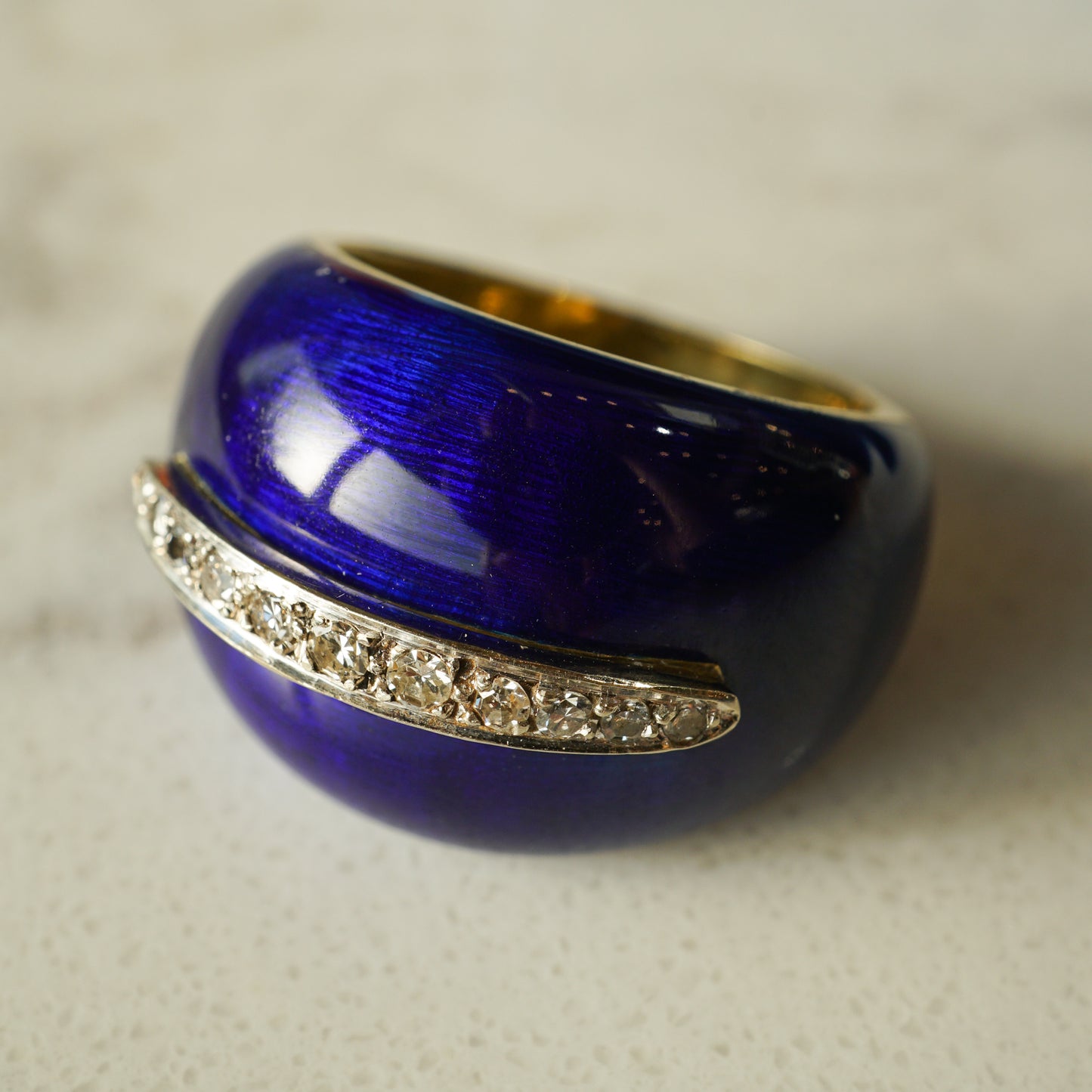 Blue Enamel Diamond Cocktail Ring in 18k Yellow Gold