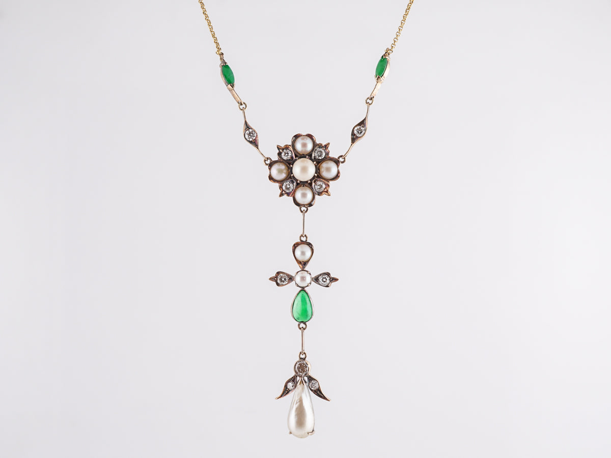 Victorian Diamond & Jade Necklace w/ Pearls in 18k Yellow Gold