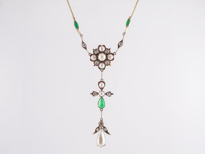 Victorian Diamond & Jade Necklace w/ Pearls in 18k Yellow Gold