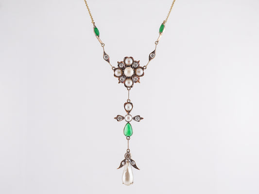 Victorian Diamond & Jade Necklace w/ Pearls in 18k Yellow Gold