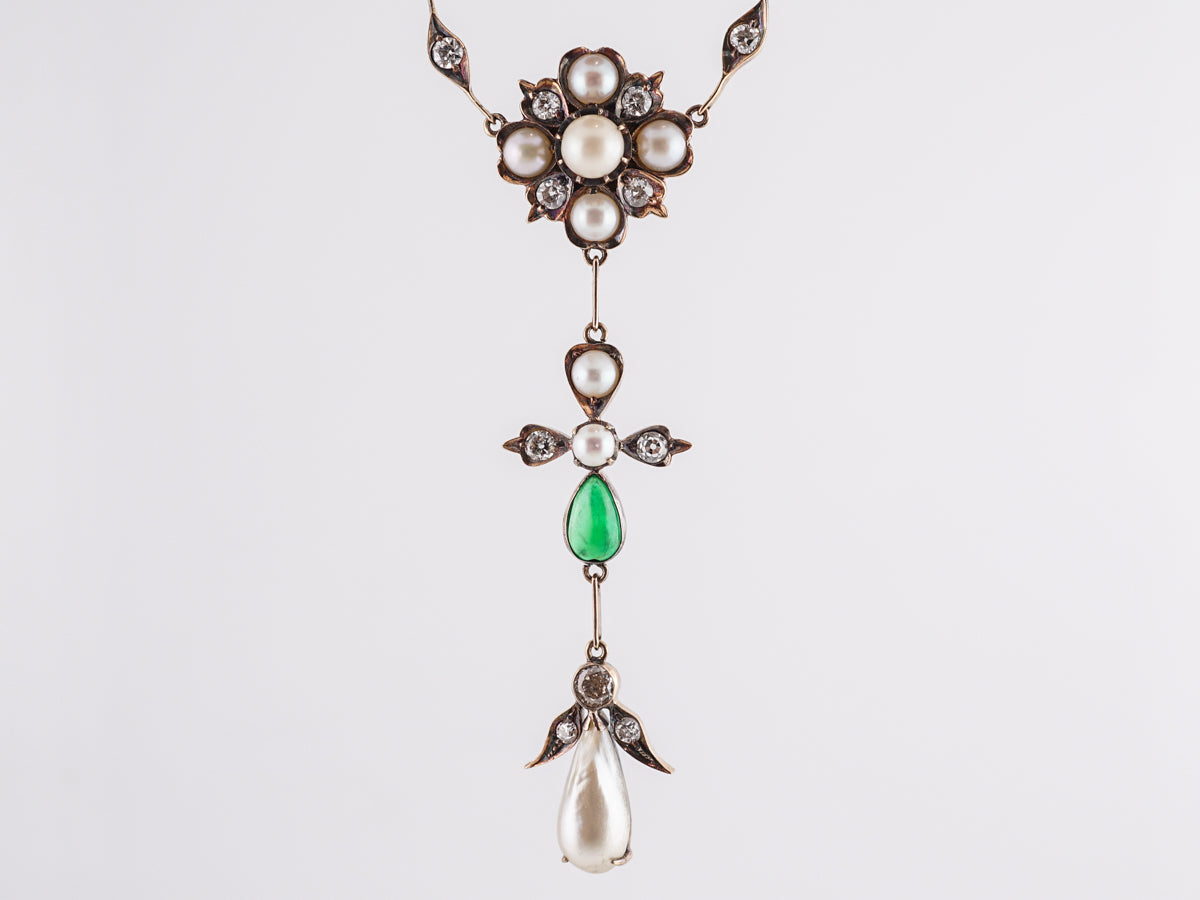 Victorian Diamond & Jade Necklace w/ Pearls in 18k Yellow Gold