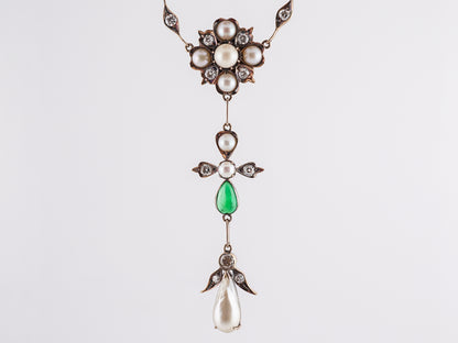 Victorian Diamond & Jade Necklace w/ Pearls in 18k Yellow Gold