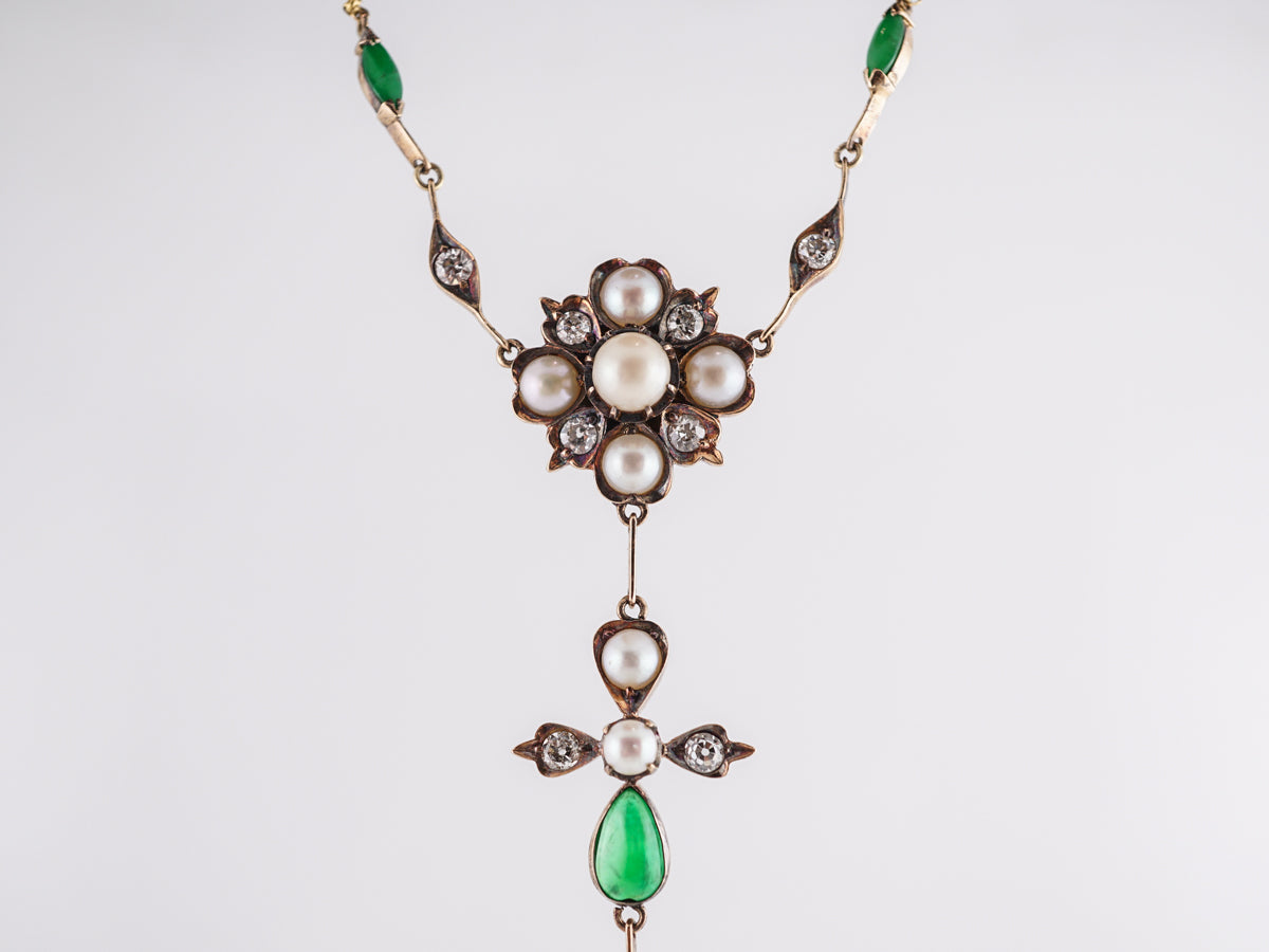 Victorian Diamond & Jade Necklace w/ Pearls in 18k Yellow Gold