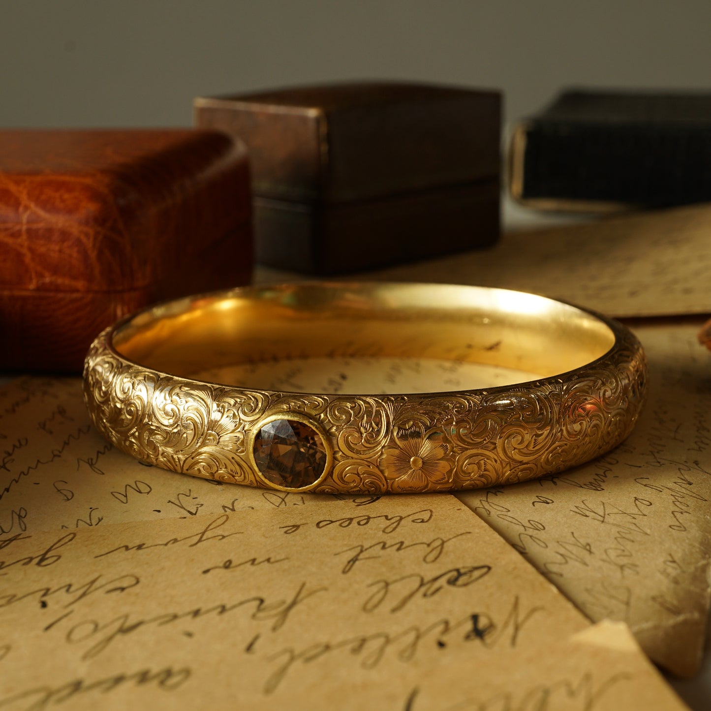 Victorian Filigree Bangle w/ Brown Topaz in 14k Yellow Gold