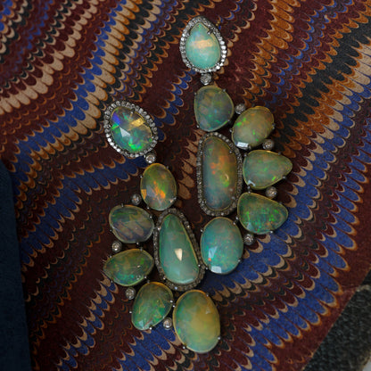 Opal & Diamond Drop Earrings in Sterling Silver