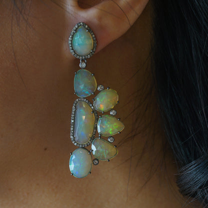 Opal & Diamond Drop Earrings in Sterling Silver