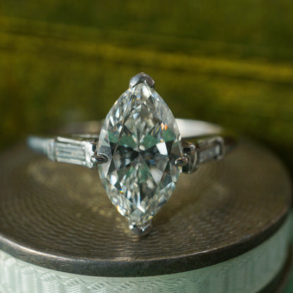 Mid-Century 1.71 Marquise Cut Diamond Engagement Ring in Platinum