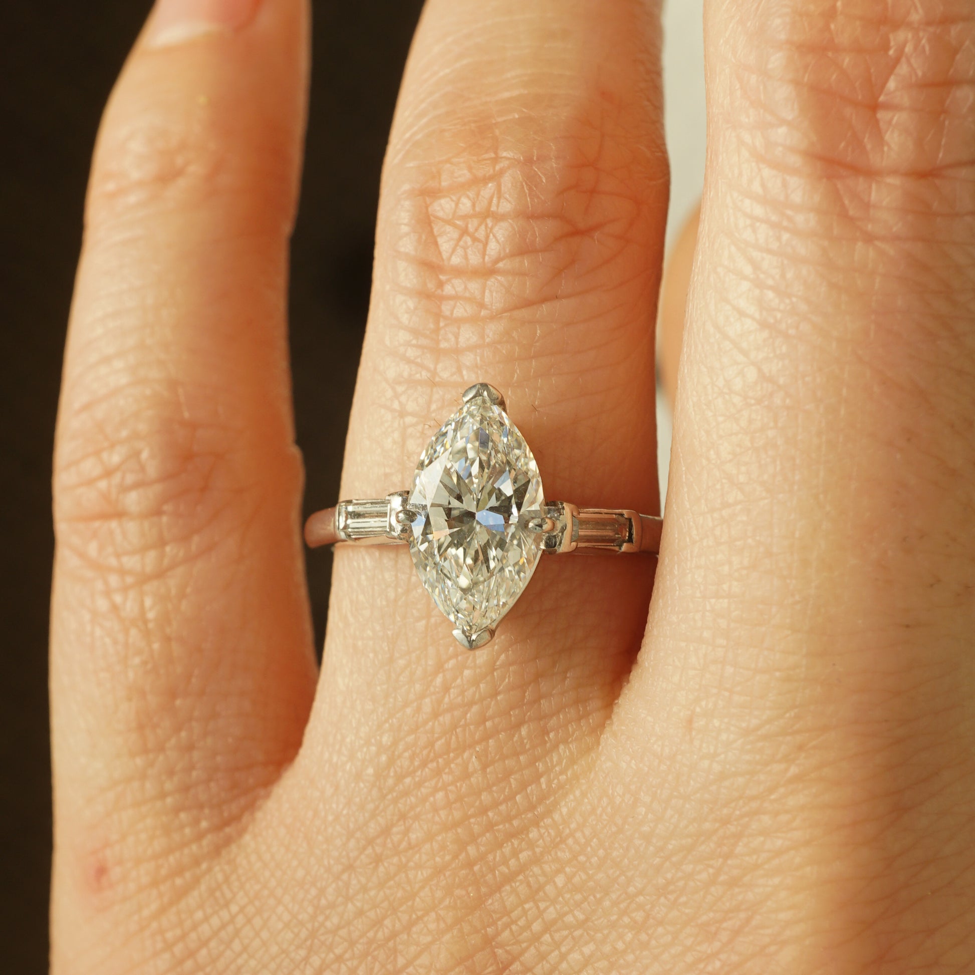 Mid-Century 1.71 Marquise Cut Diamond Engagement Ring in Platinum