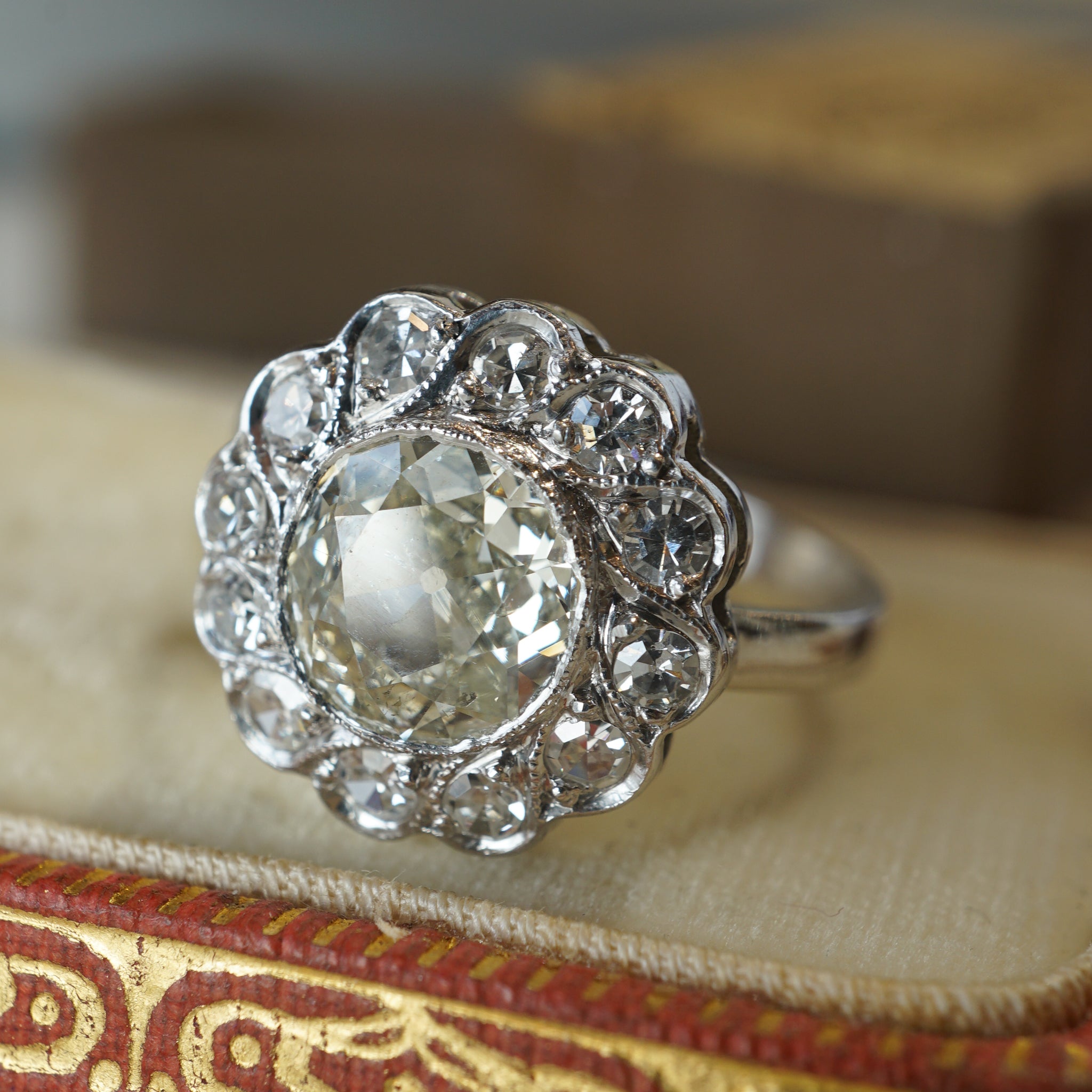 Antique Art Deco Engagement Ring, 3 CT Diamond Ring, 14K White Gold Over, Three Stone store Ring, Diamond Cluster Daisy Ring, Retro Vintage Ring