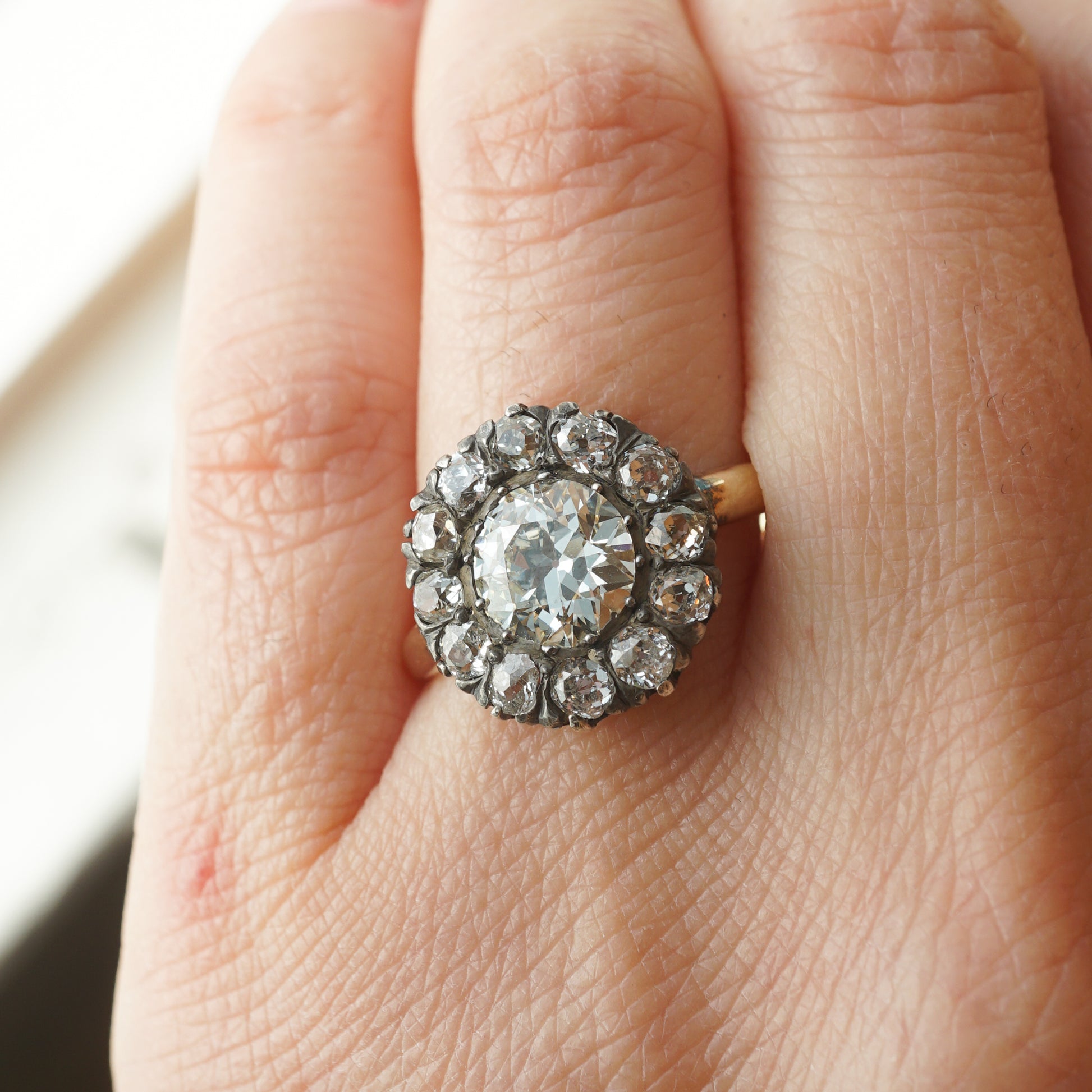 Antique Victorian Diamond Cluster Ring in Sterling Silver & 14k GoldComposition: PlatinumRing Size: 8Total Diamond Weight: 2.33 ctTotal Gram Weight: 3.0 g
