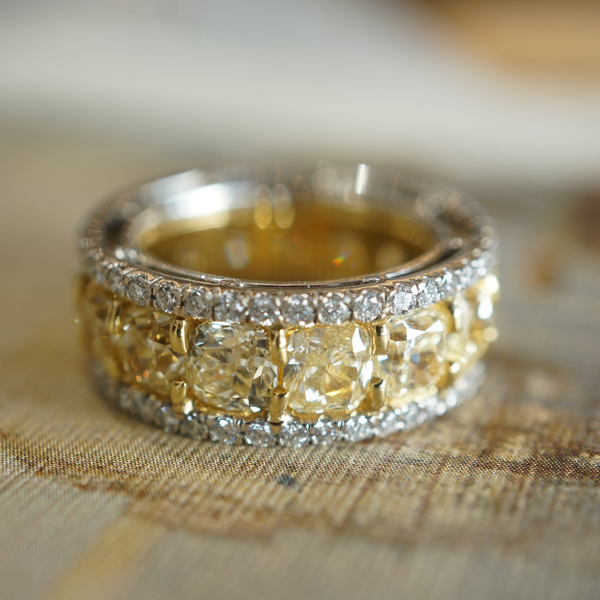 Fancy Yellow Diamond Cocktail Ring in Platinum & 18k Yellow GoldComposition: Platinum/18 Karat Yellow Gold Ring Size: 7 Total Diamond Weight: 12.38ct Total Gram Weight: 16.7 g Inscription: PT 900
      