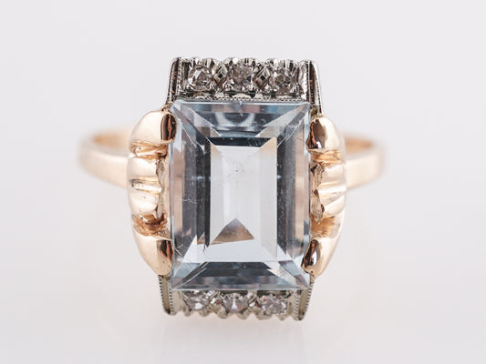 Mid-Century Aquamarine & Diamond Ring in 14k Yellow Gold