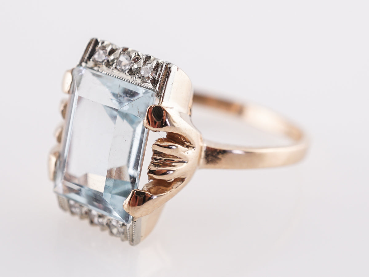 Mid-Century Aquamarine & Diamond Ring in 14k Yellow Gold