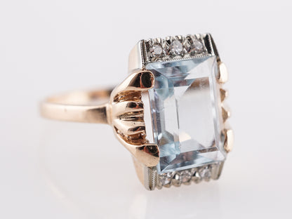 Mid-Century Aquamarine & Diamond Ring in 14k Yellow Gold