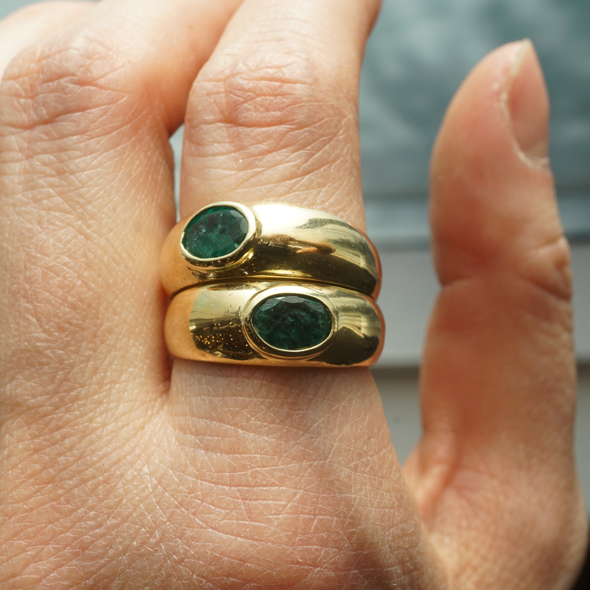 Stacked Oval Cut Emerald Cocktail Ring in 18k Yellow GoldComposition: 18 Karat Yellow GoldRing Size: 6Total Gram Weight: 8.6 gInscription: 750