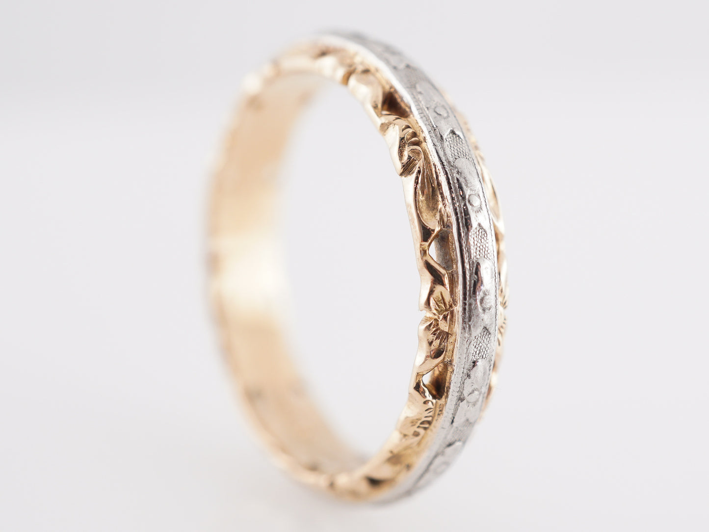 Retro Two-Tone Engraved Wedding Band in Gold and Platinum