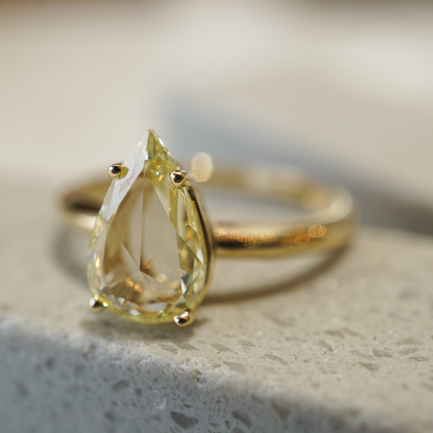 Solitaire Pear Rose Cut Yellow Diamond Engagement Ring in 14k