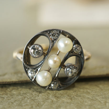 Victorian Pearl & Mine Cut Diamond Ring in Sterling Silver & 18k