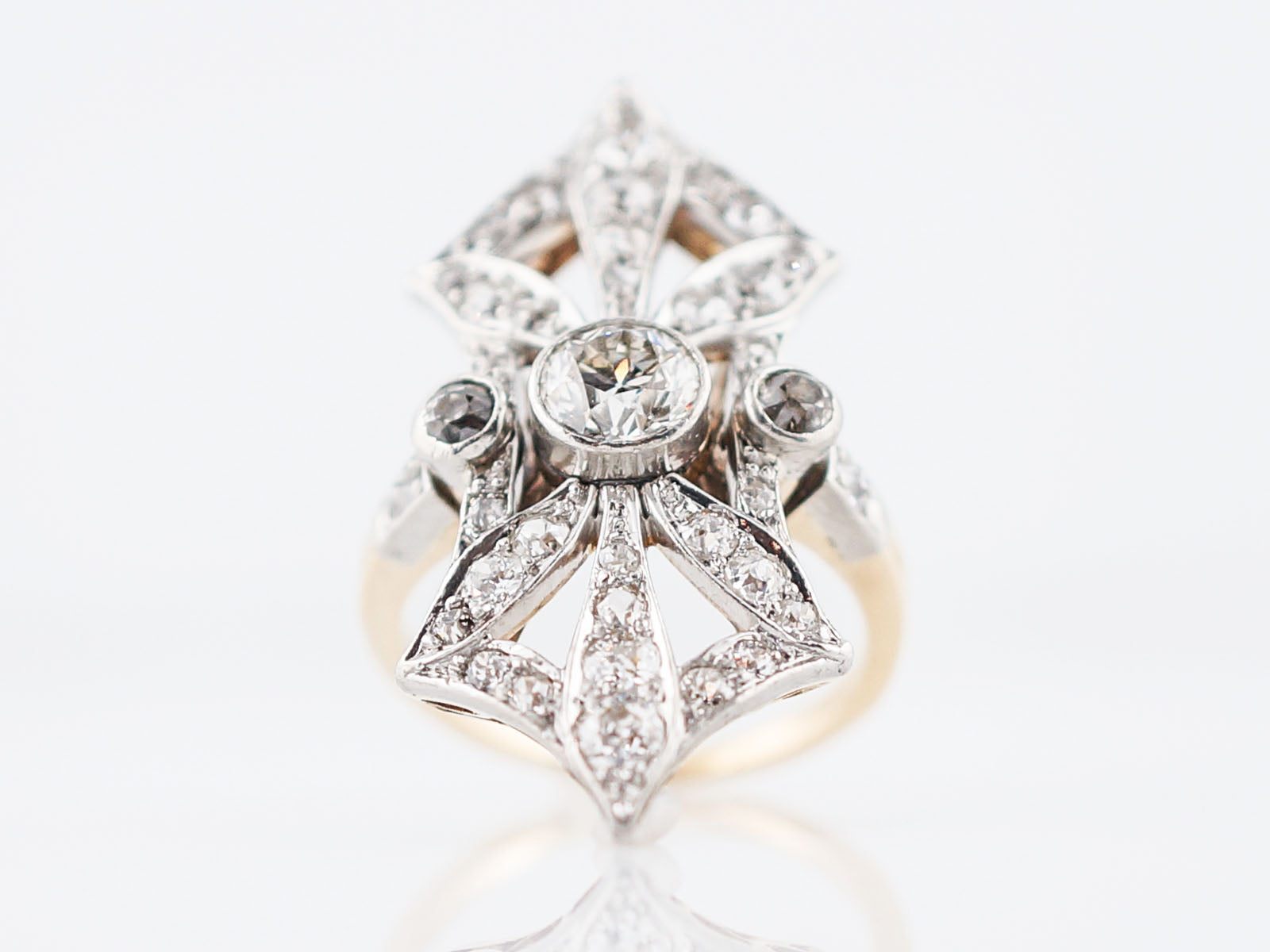Antique Right Hand Ring Edwardian 1.61 Old European & Mine Cut Diamonds in Platinum & 14k Yellow Gold