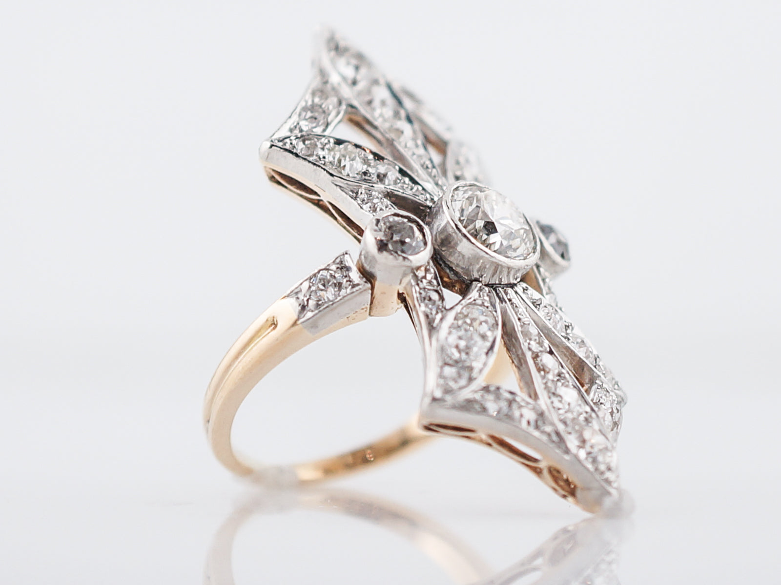 Antique Right Hand Ring Edwardian 1.61 Old European & Mine Cut Diamonds in Platinum & 14k Yellow Gold
