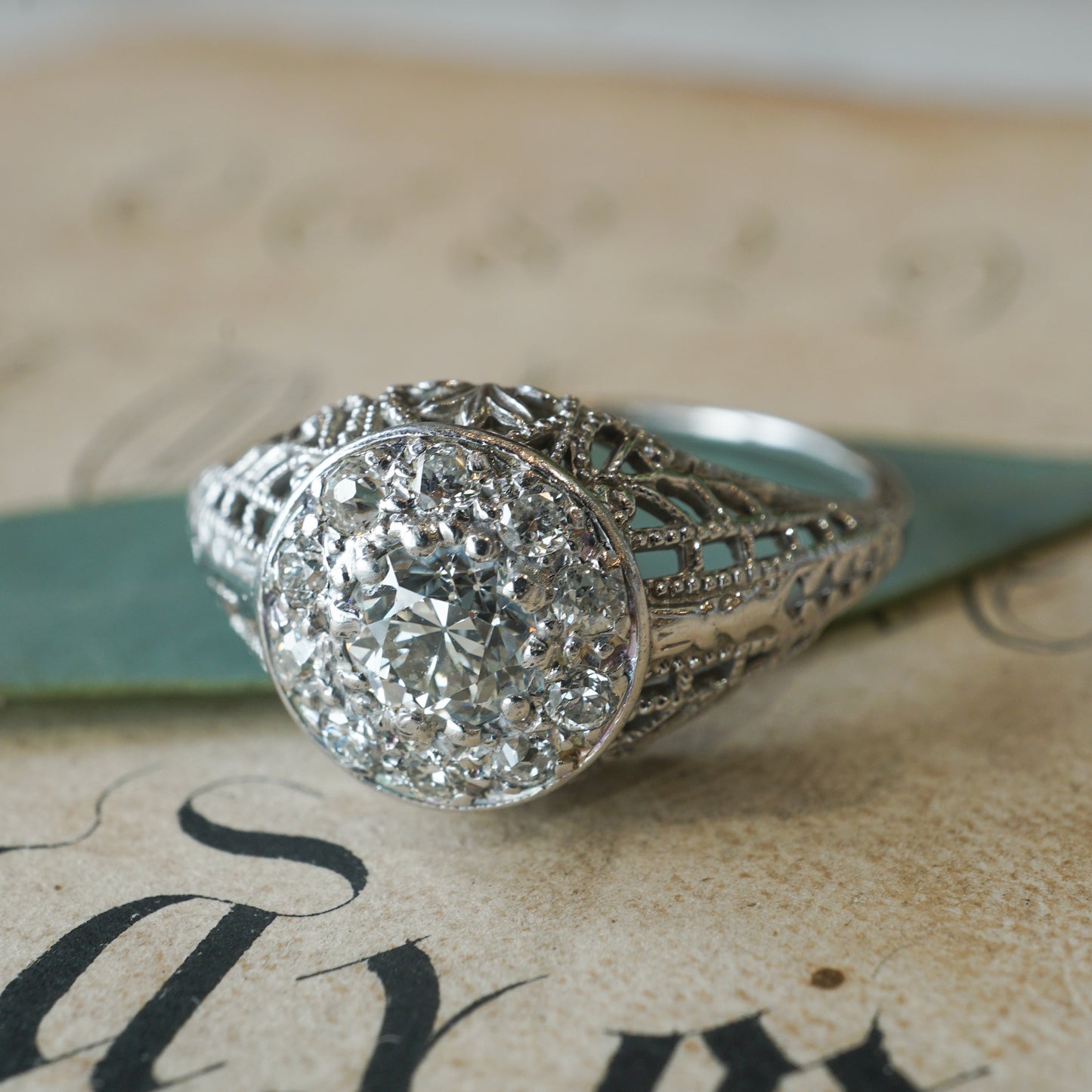 Pave Diamond Filigree Engagement Ring in 18k White Gold
