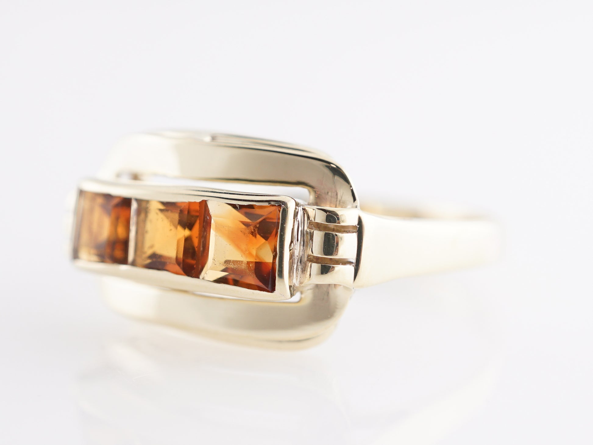 Mid-Century Three Stone Citrine Ring in 14k Yellow Gold