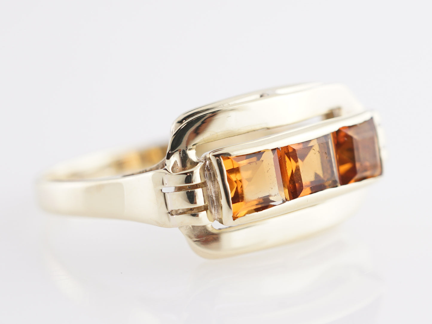 Mid-Century Three Stone Citrine Ring in 14k Yellow Gold