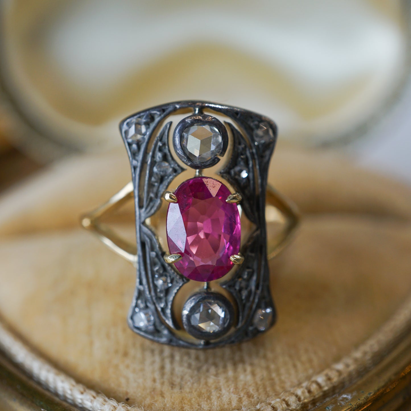 Georgian Ruby & Diamond Ring in Sterling Silver & 14k