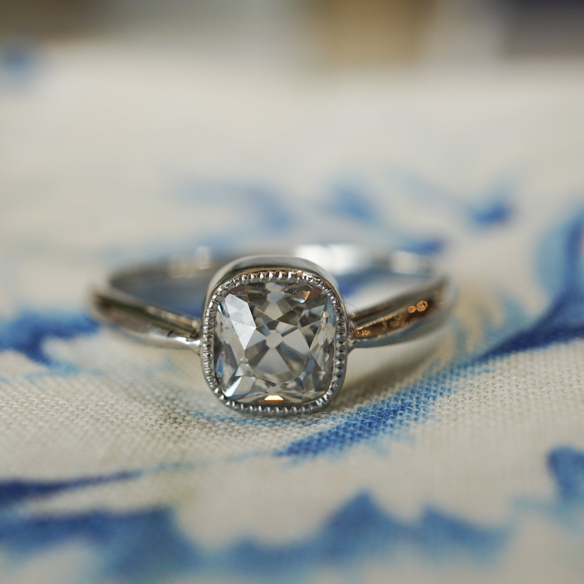 Antique Cushion Cut Diamond Engagement Ring in 18k White Gold
